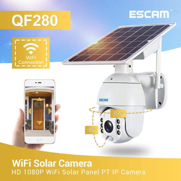 ESCAM QF280 HD 1080P IP66 Waterproof WiFi Solar Panel PT IP Camera without Battery, Support Night Vision / Motion Detection / TF Card / Two Way Audio, without Battery ESCAM QF280 HD 1080P IP66 Waterproof WiFi Solar Panel PT IP Camera without Battery, Support Night Vision / Motion Detection / TF Card / Two Way Audio, without Battery